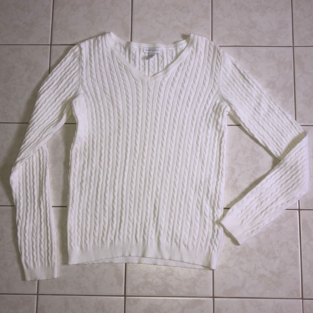 White V Neck Cable Knit Sweater